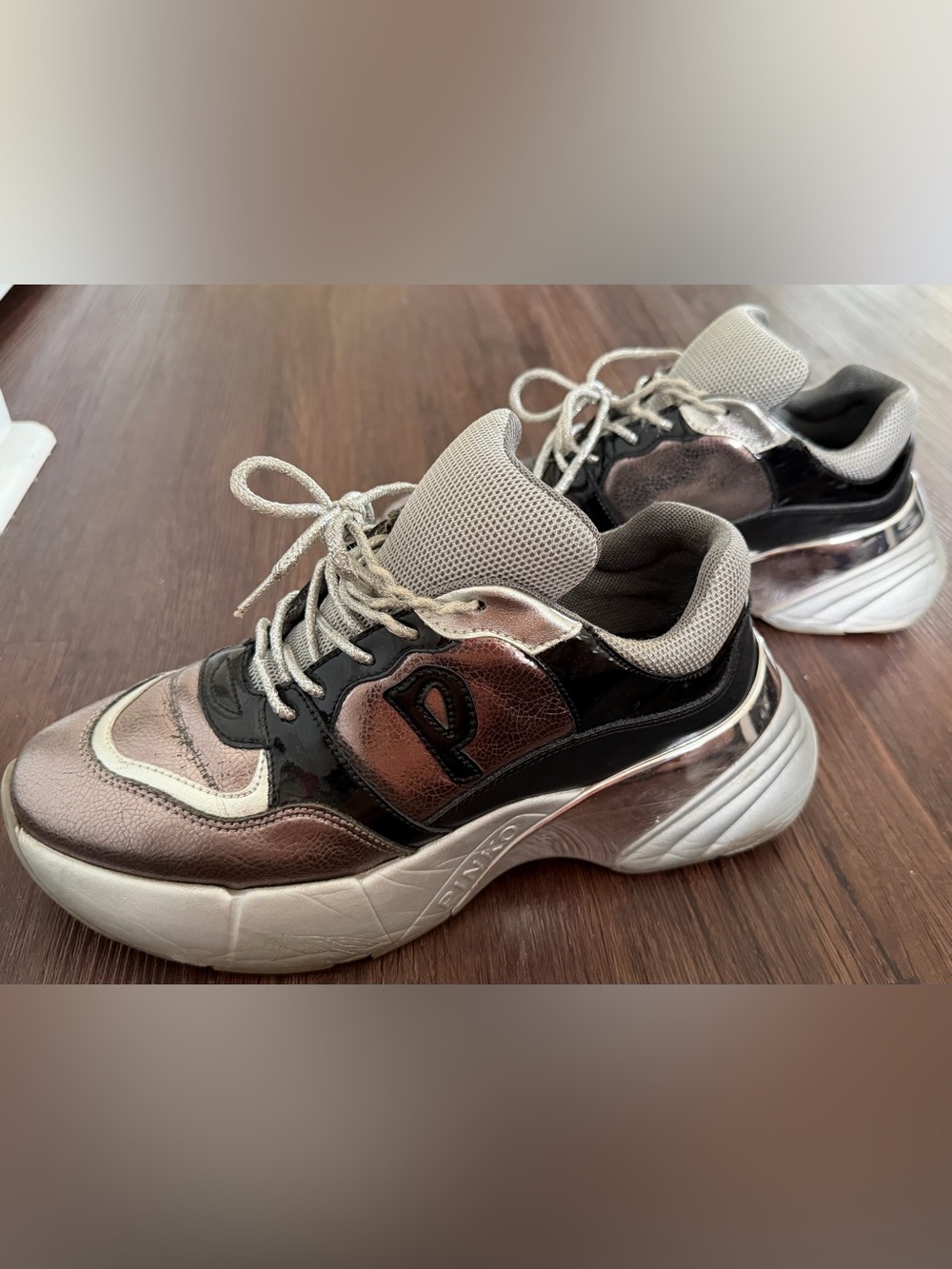 Pinko Metallic Bronze and Black Platform Sneakers